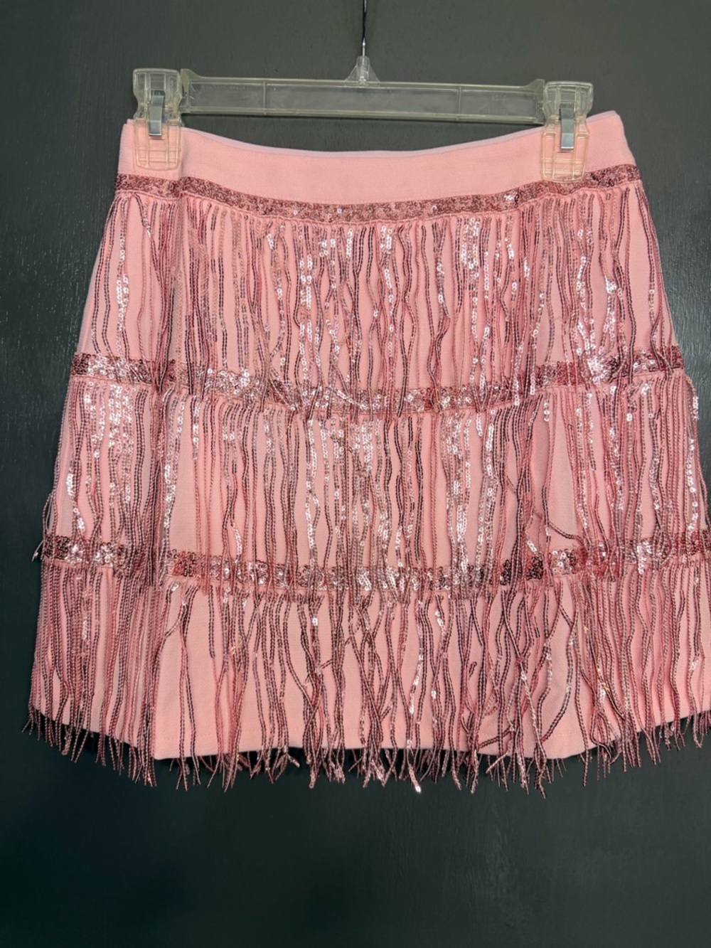 Main Strip Pink Sequin Fringe Mini Skirt